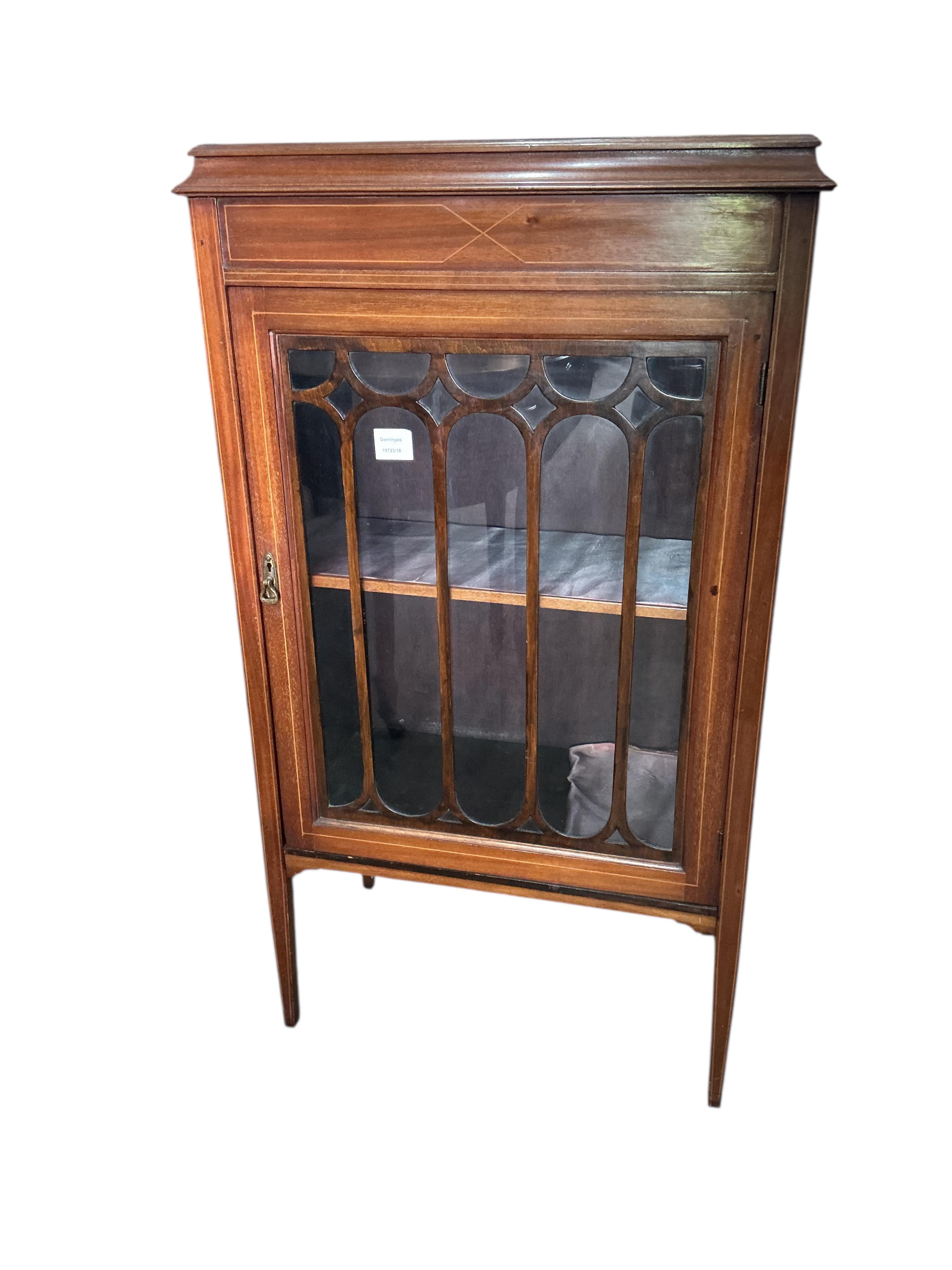 An Edwardian inlaid mahogany glazed display cabinet, width 61cm, depth 35cm, height 109cm
